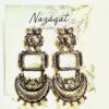 "Antique oxidized silver earrings with mirror centerpiece, lotus motifs, and pearl drops – Nazāqat handmade ethnic jewelry"