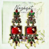 "Red and green oxidized ethnic earrings with mirror centerpiece and pearl drops – festive traditional jewelry by Nazāqat"