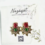 Red and green floral stud earrings with antique gold petal by Nazāqat Jewelry