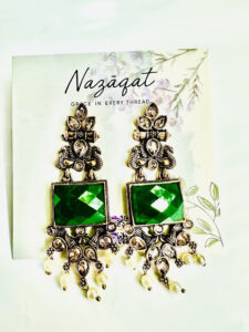 "Green mirror oxidized silver statement earrings with pearl drops – handcrafted ethnic jewelry by Nazāqat"