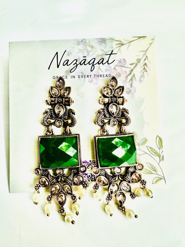 "Green mirror oxidized silver statement earrings with pearl drops – handcrafted ethnic jewelry by Nazāqat"