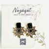 Black and gold floral stud earrings with antique finish and champagne petal stones by Nazāqat Jewelry