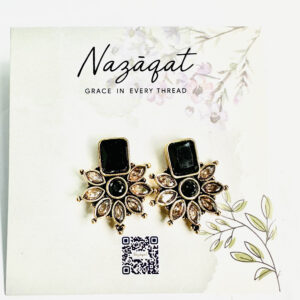 Black and gold floral stud earrings with antique finish and champagne petal stones by Nazāqat Jewelry