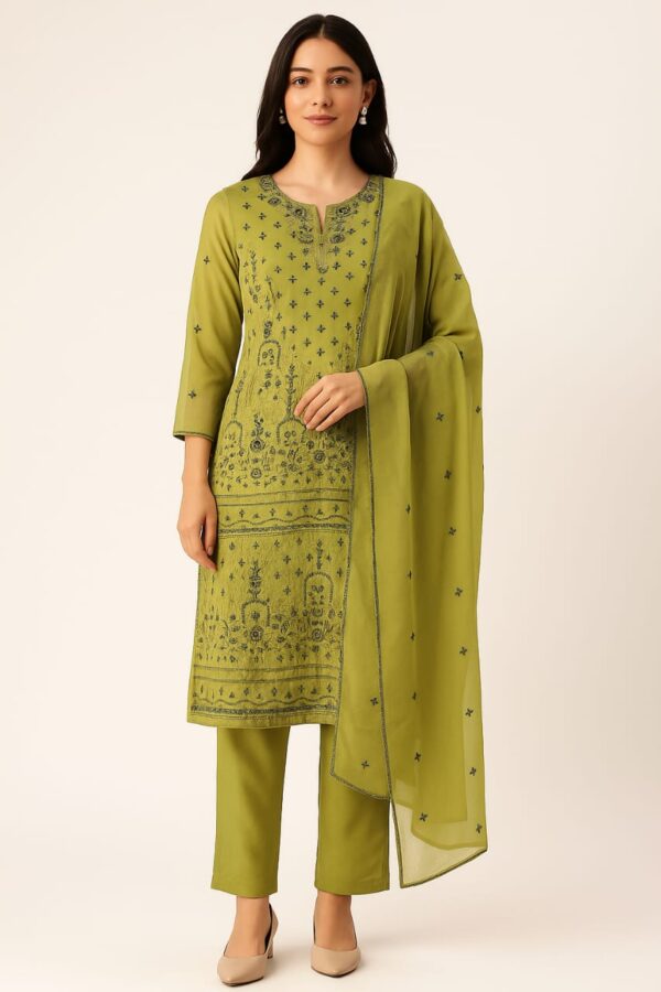 Meher Olive Embroidered Unstitched Suit Set