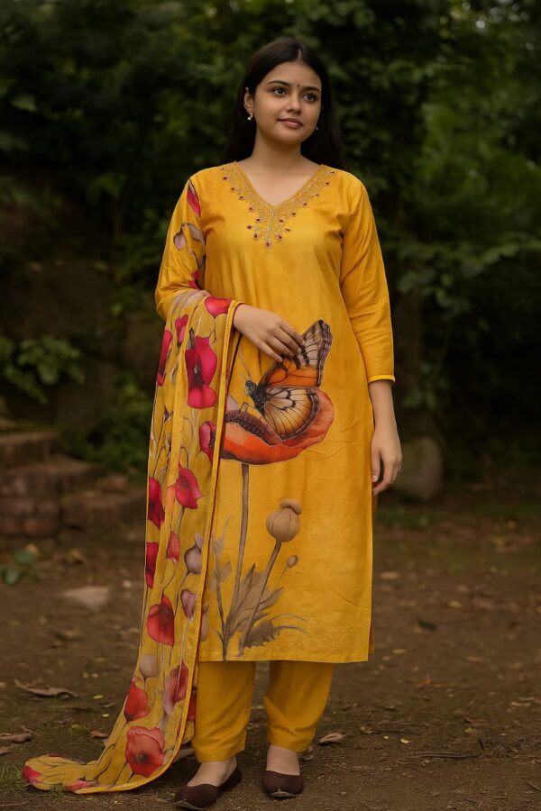 Mustard Floral Embroidered Kurta Set with Dupatta