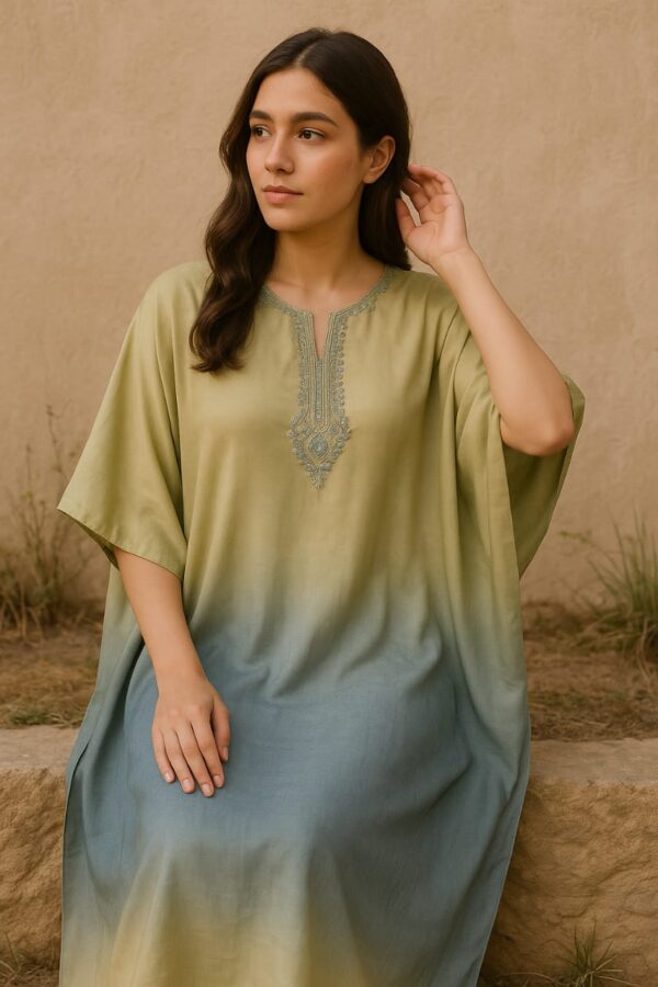 Olive Green & Dusty Blue Ombre Kaftan Dress with Embroidered Neckline