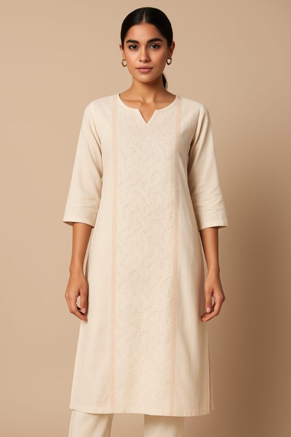 "Elegant ivory cotton kurta with subtle thread embroidery and notch neckline, modeled on a beige background – Nazāqat ethnic wear"