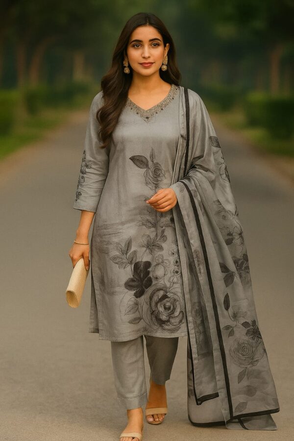 Charcoal Bloom –  Cotton Shantoon Suit Set