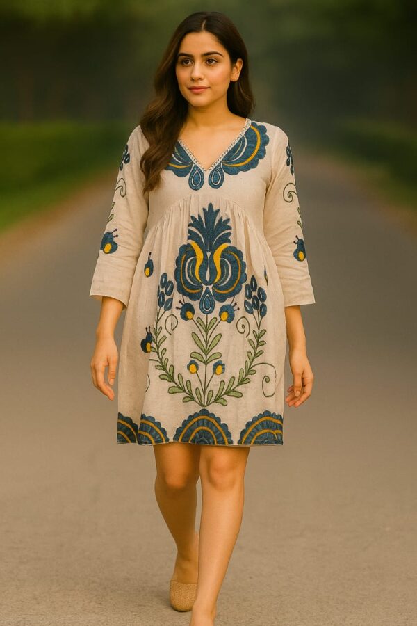Embroidered Cotton Tunic Dress – Beige & Blue