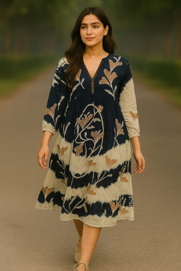Navy & Beige Floral Rayon Tunic Dress