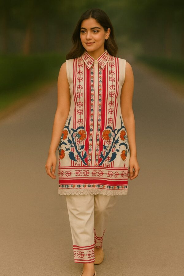 Floral Panel Cotton-Linen Cord Set