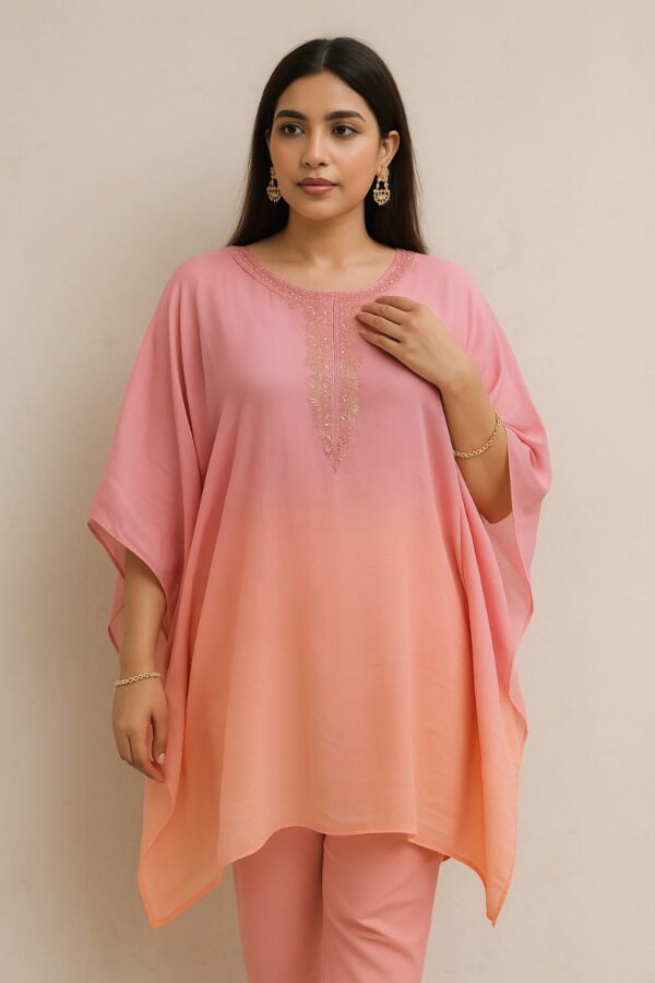 Blush Bloom Kaftan Set – Ombre Elegance in Soft Georgette