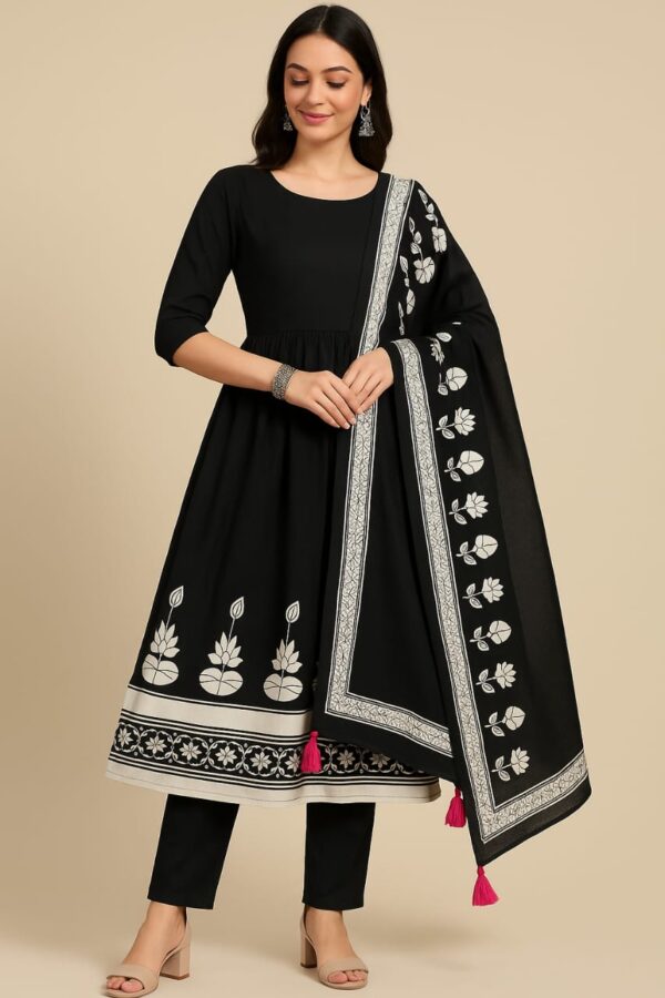 Noir Bloom – Black Rayon Suit Set with Dupatta