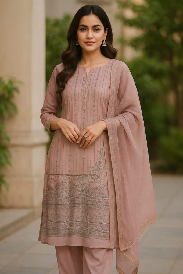 Blush Whisper – Crepe Unstitched Suit Set with Chiffon Dupatta