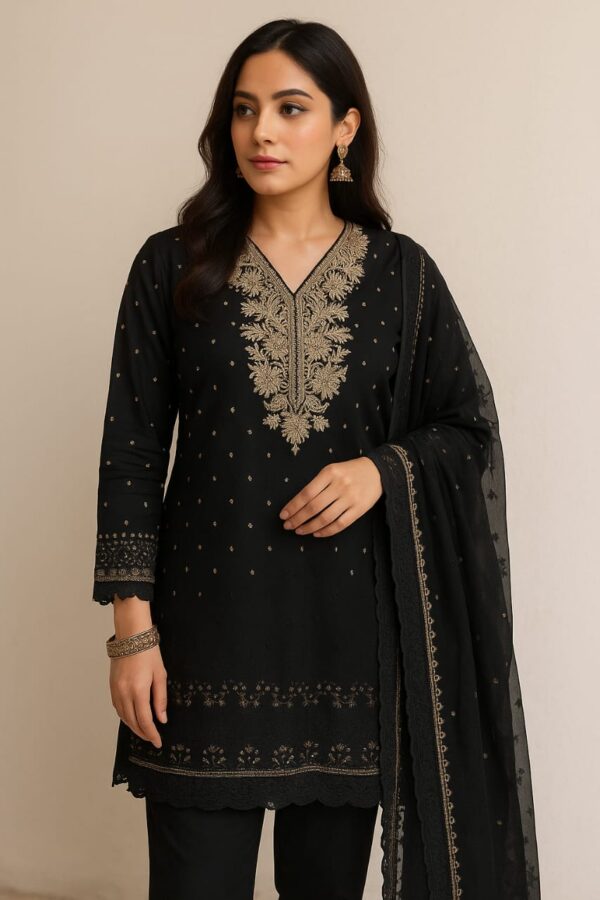 Midnight Elegance – Black Georgette Embroidered Unstitched Suit Set