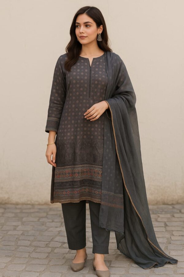 Charcoal Serenity – Printed Crepe Suit Set