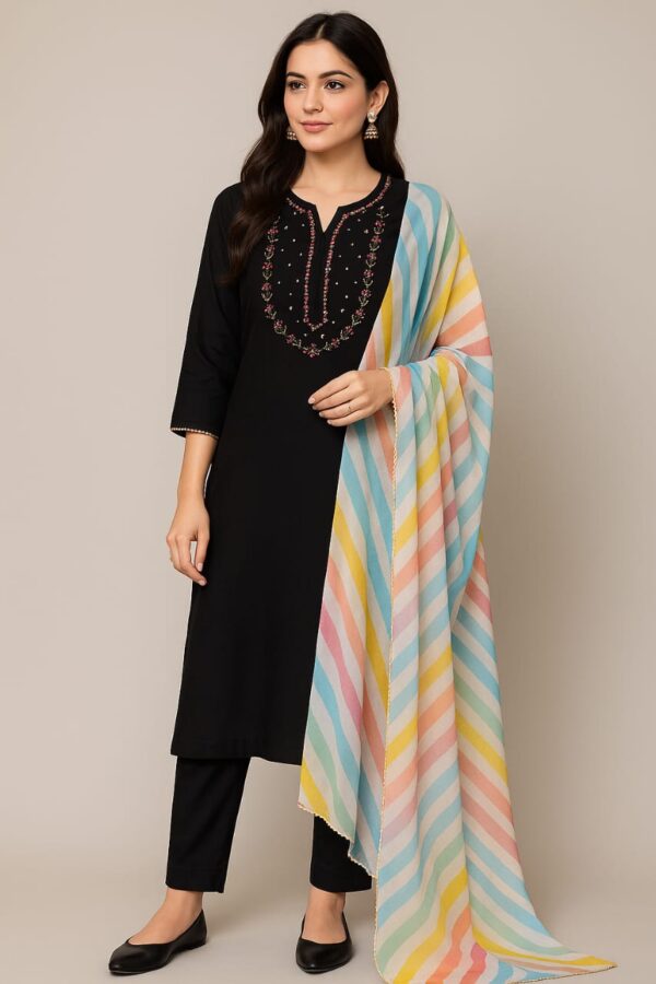 Noor-e-Nazakat – Black Cotton Suit with Striped Muslin Dupatta (Unstitched)