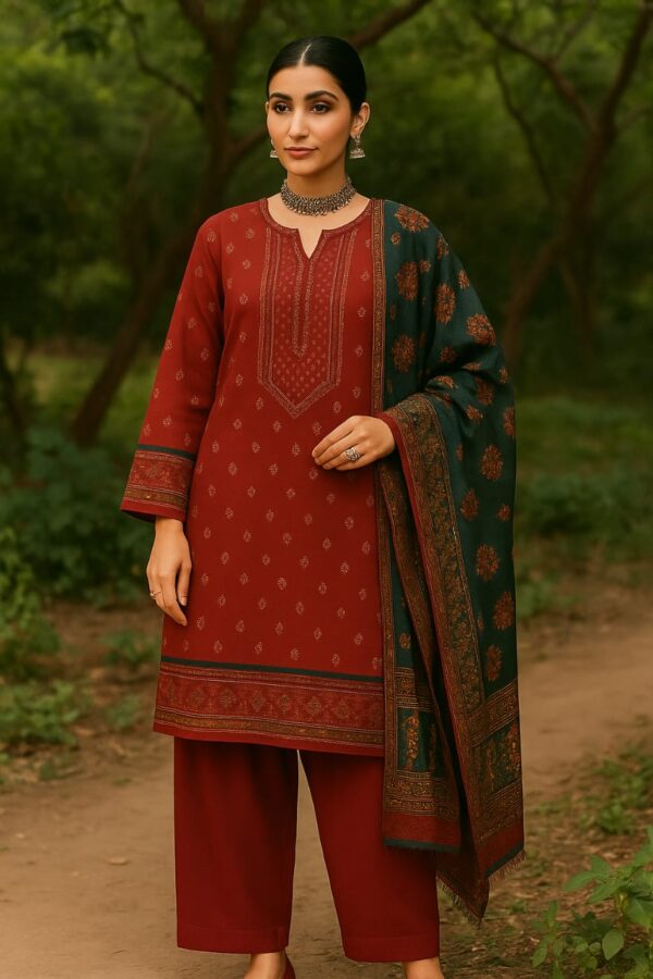 Rust Maroon Unstitched Lawn Suit Set with Premium Printed Dupatta