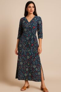 Woman wearing an indigo blue floral printed V-neck belted wrap dress with side slit by Nazāqat