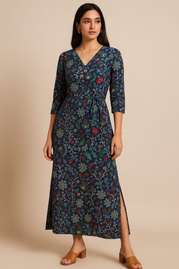 Woman wearing an indigo blue floral printed V-neck belted wrap dress with side slit by Nazāqat