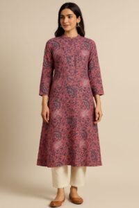 Woman wearing dusty rose pink floral A-line kurta with mandarin collar and ivory straight pants by Nazāqat 