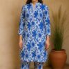 "Women’s blue and white floral printed rayon cotton cord set featuring V-neck kurta and matching tapered pants – Nazāqat ethnic wear"