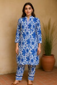 "Women’s blue and white floral printed rayon cotton cord set featuring V-neck kurta and matching tapered pants – Nazāqat ethnic wear"