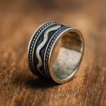 Oxidized silver unisex ring with wave pattern and textured antique finish