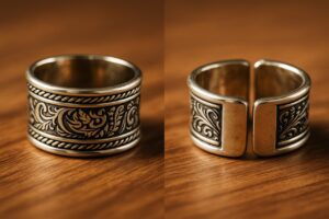 Unisex oxidized silver statement ring with intricate engraved floral pattern and open back design