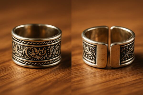 Unisex oxidized silver statement ring with intricate engraved floral pattern and open back design