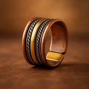 "Unisex antique copper and brass ring with intricate rope detailing – handcrafted vintage-style jewelry"